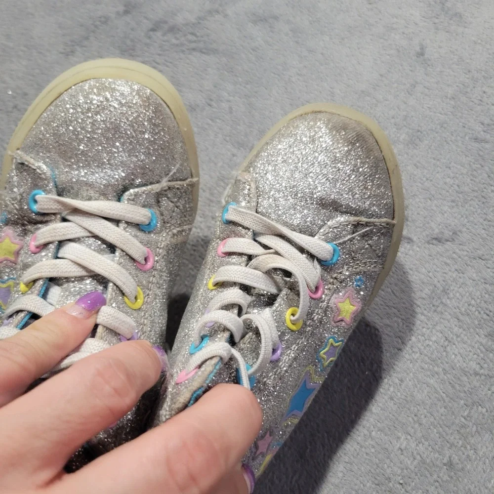 Wonder Nation High Top Sneakers Girls Size 8 Silver Glitter‎ Star Heart GTAW44CA